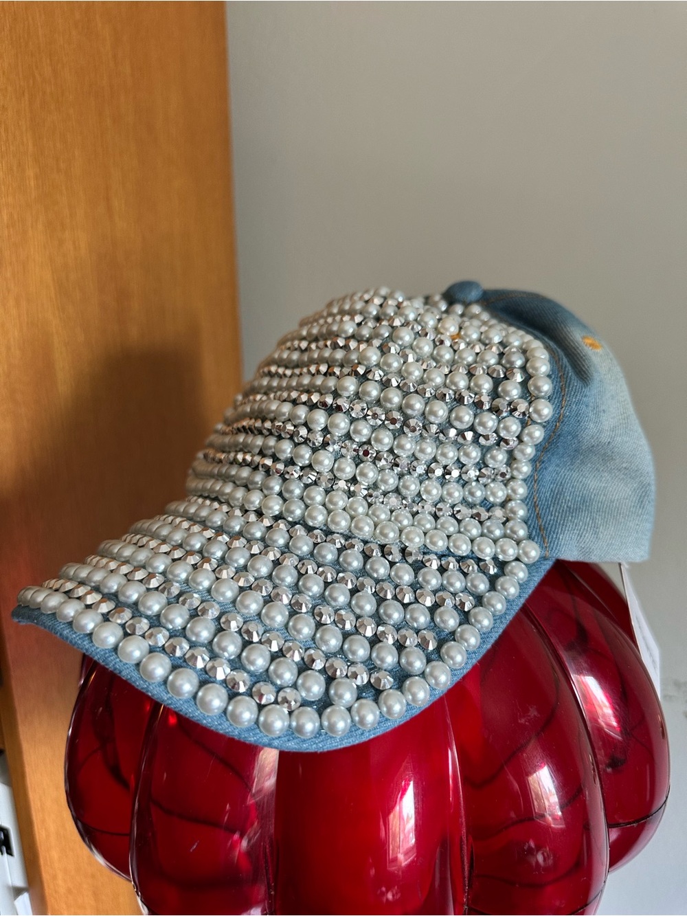 Pearl Studded Denim Hat, Adjustable Size — NWT